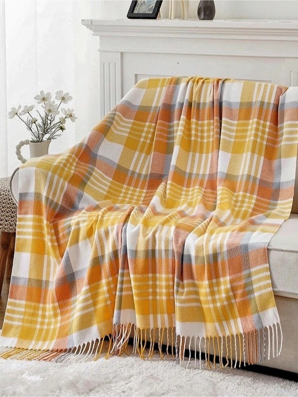 Yellow Plaid Throw Blanket 50"x60" inches Fall Decor - New